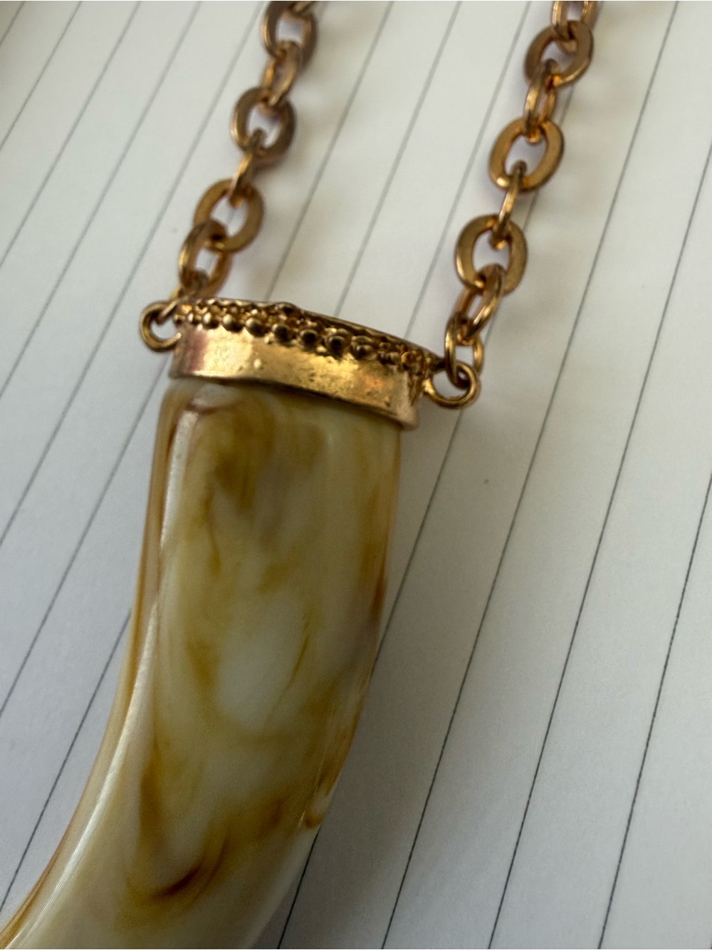 Gold-Tone Necklace with Cream Marbled Tone Resin Horn Pendant - Picture 5 of 5
